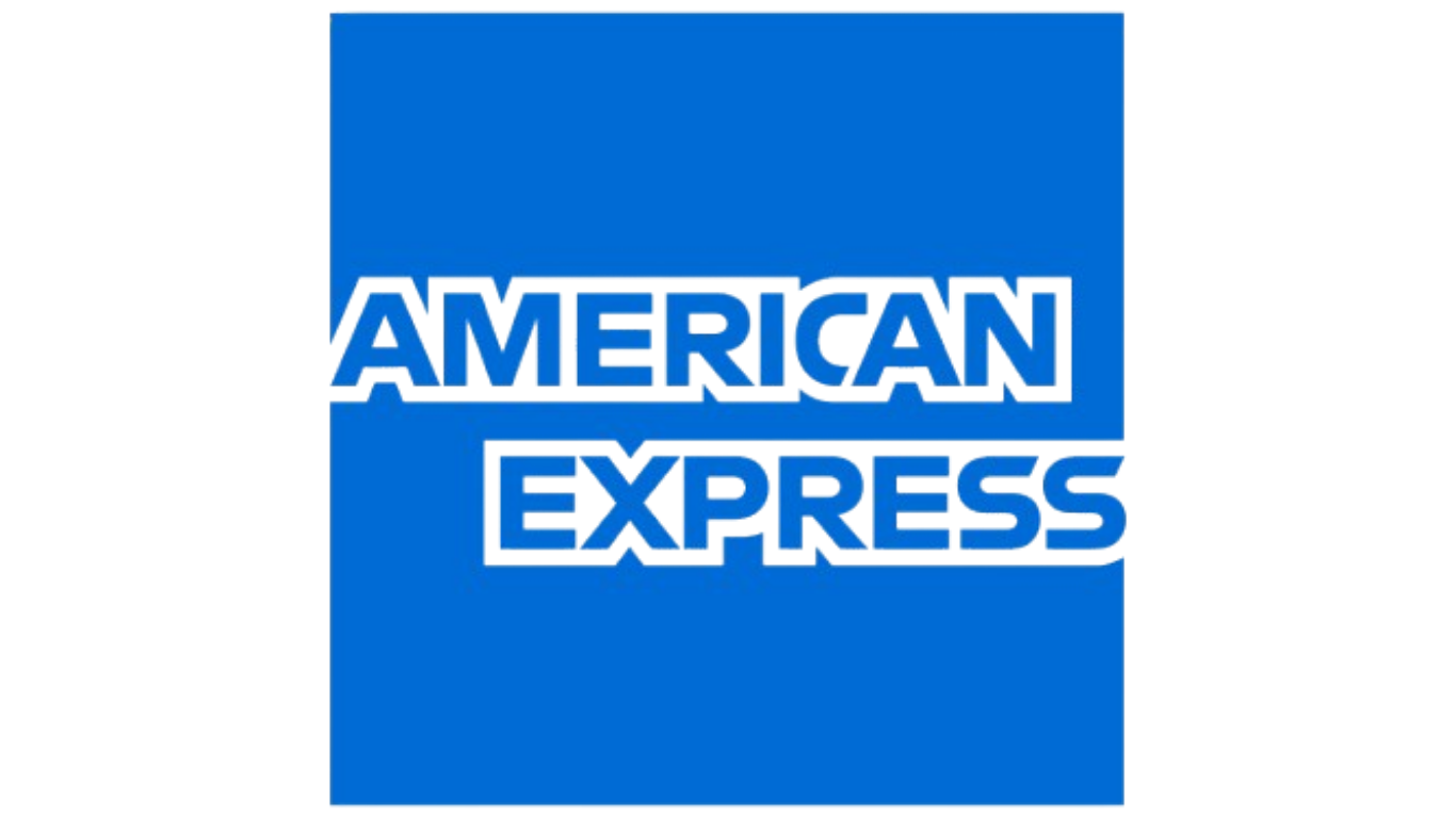 American Express logo in white text on a blue square.