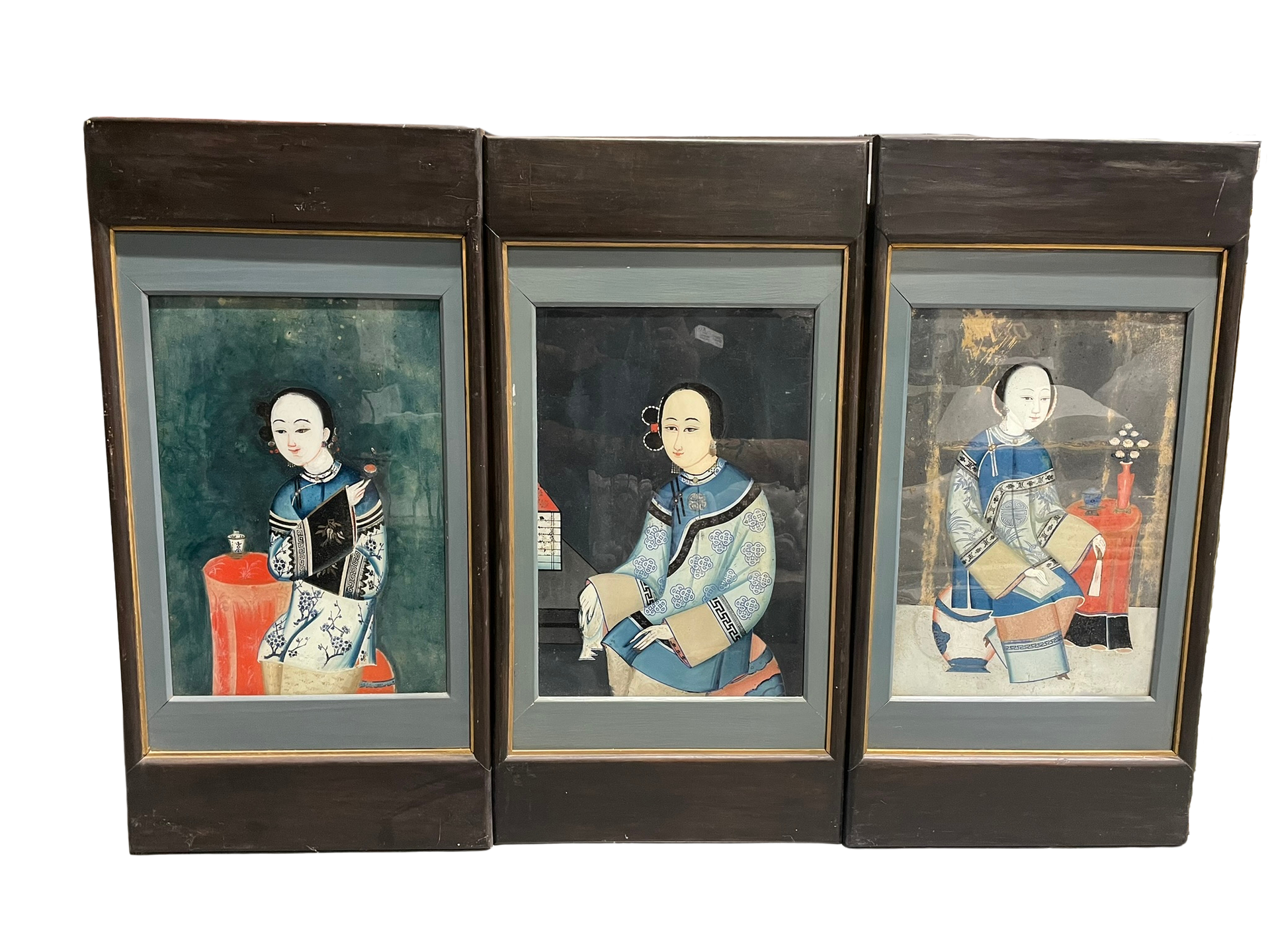 Set of 3 Qing Dynasty Chinese Reverse Glass Paintings