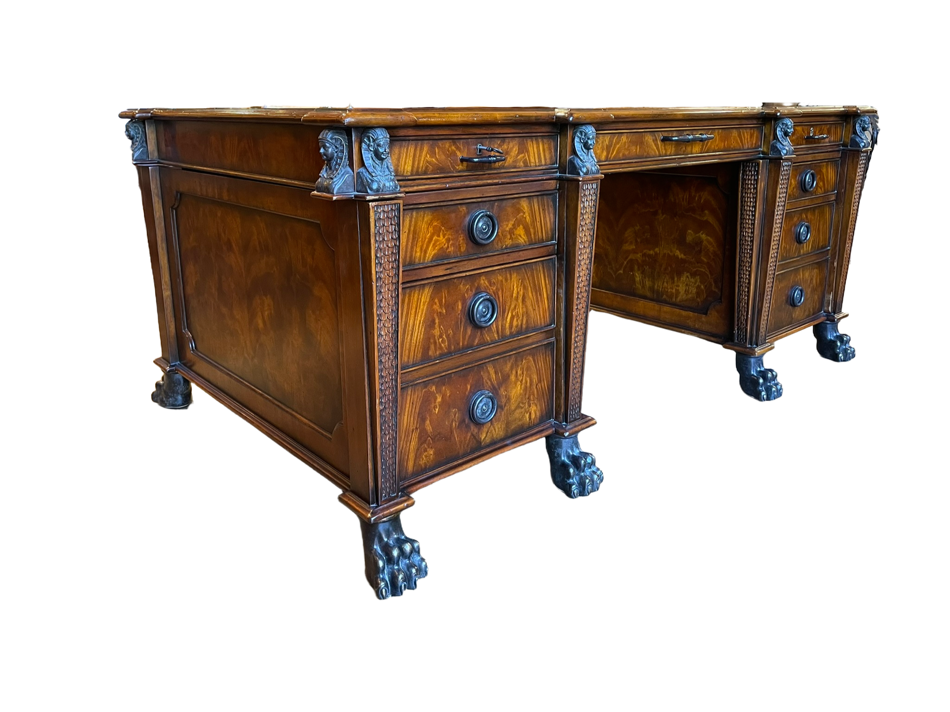 Hickory White Grand Mahogany Partners Desk with Tooled Leather Top - Consigned