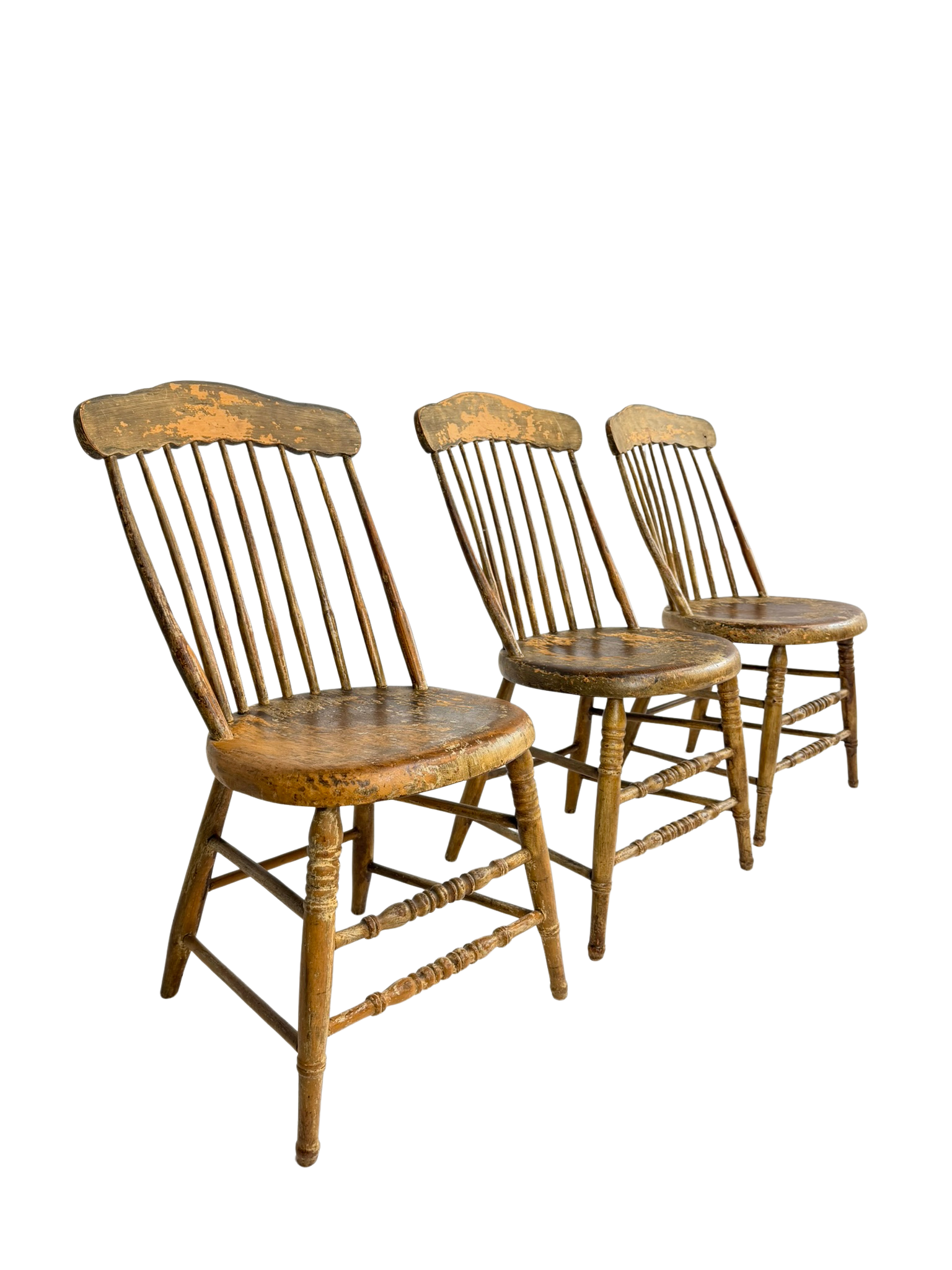 Set of 3 Antique 19th Century Primitive Spindle Back Chairs