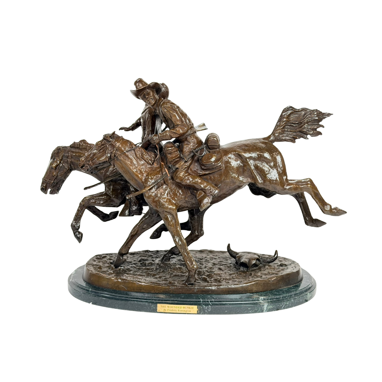 Frederic Remington “The Wounded Bunkie” Bronze Western Sculpture on Marble Base