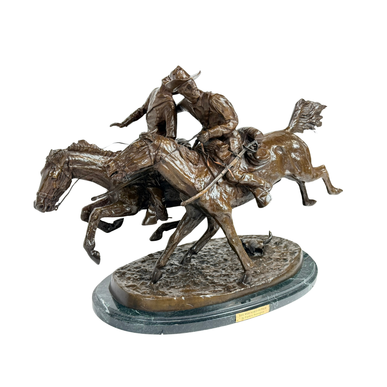 Frederic Remington “The Wounded Bunkie” Bronze Western Sculpture on Marble Base