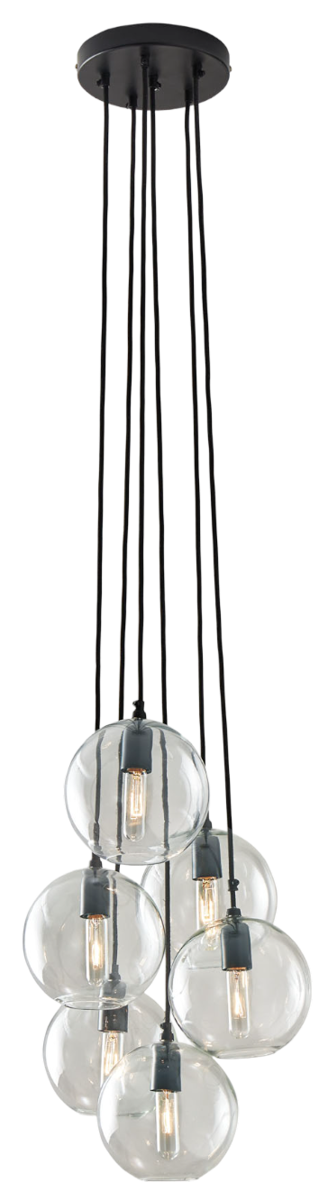 Black pendant light with seven clear glass globes.