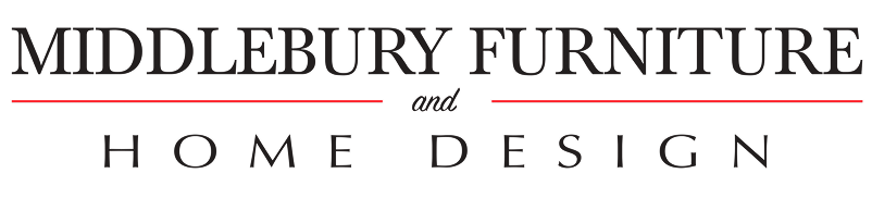 Logo for Middlebury Furniture and Home Design. The words are dark and separated by a horizontal line, with “and” in a cursive font.