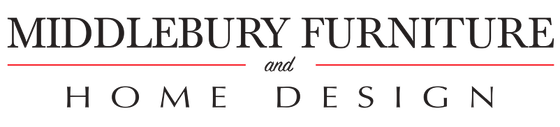 Logo for Middlebury Furniture and Home Design. The words are dark and separated by a horizontal line, with “and” in a cursive font.