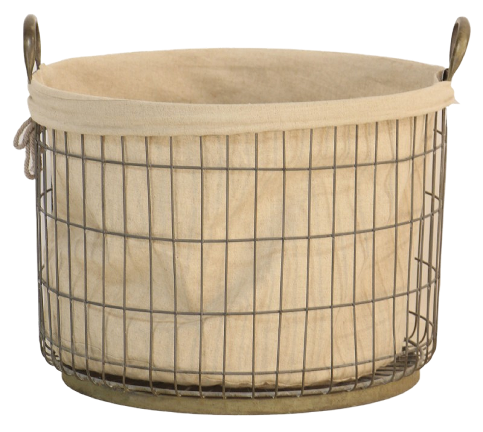Round laundry basket with a metal frame and beige liner.
