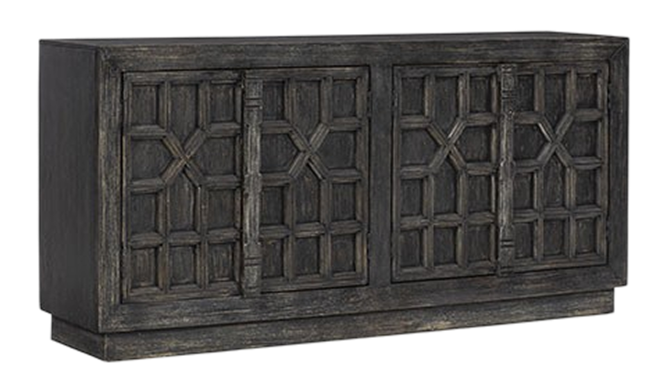 Dark gray wooden cabinet with geometric door design.