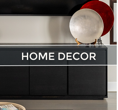 Black cabinet with decor, labeled 