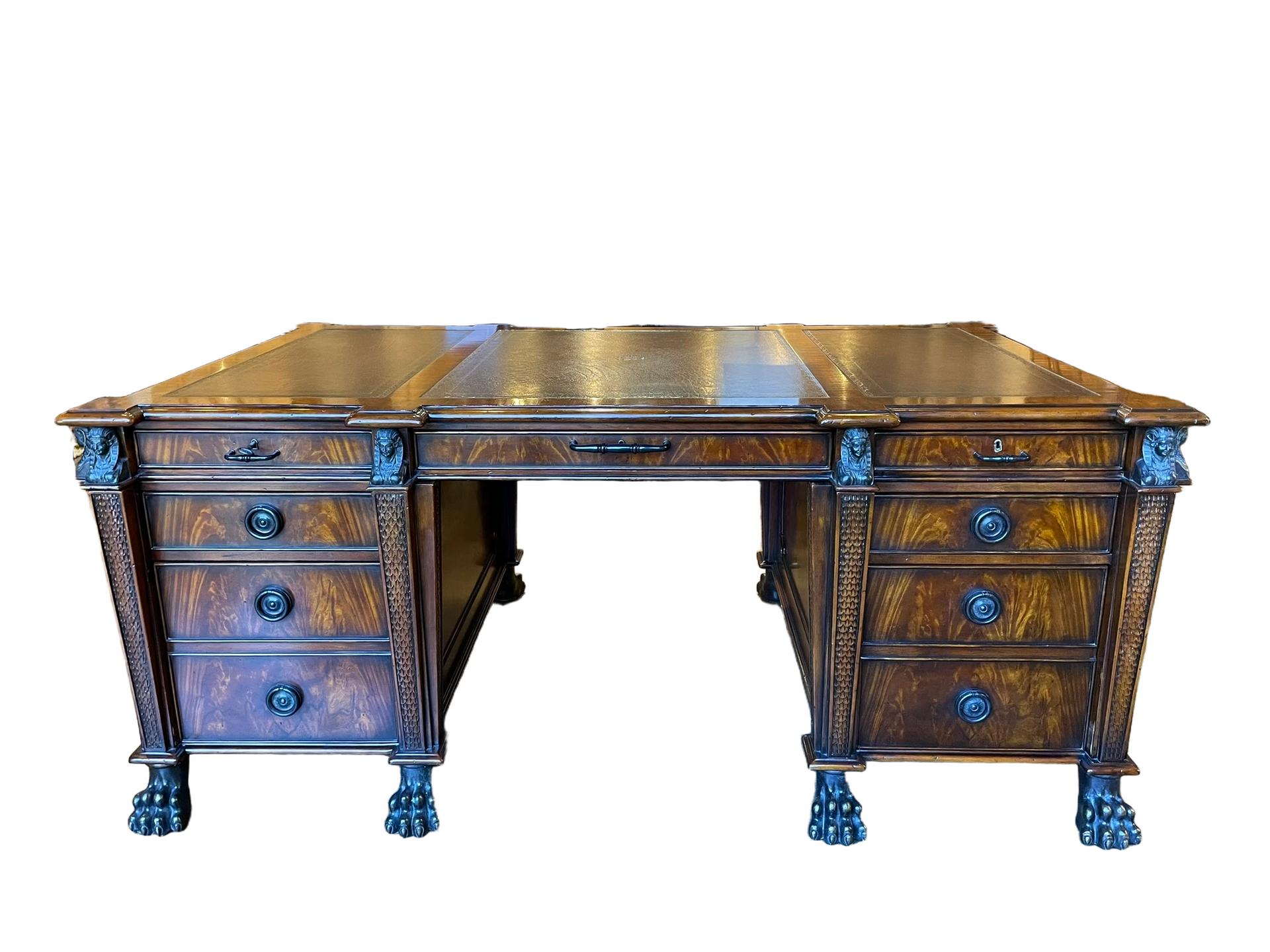 Hickory White Grand Mahogany Partners Desk with Tooled Leather Top - Consigned