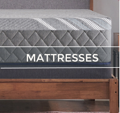 Gray mattress on a wooden bed frame, with 