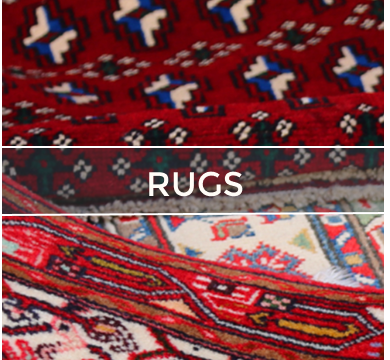Close-up of three colorful rugs with a 