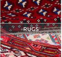 Close-up of three colorful rugs with a