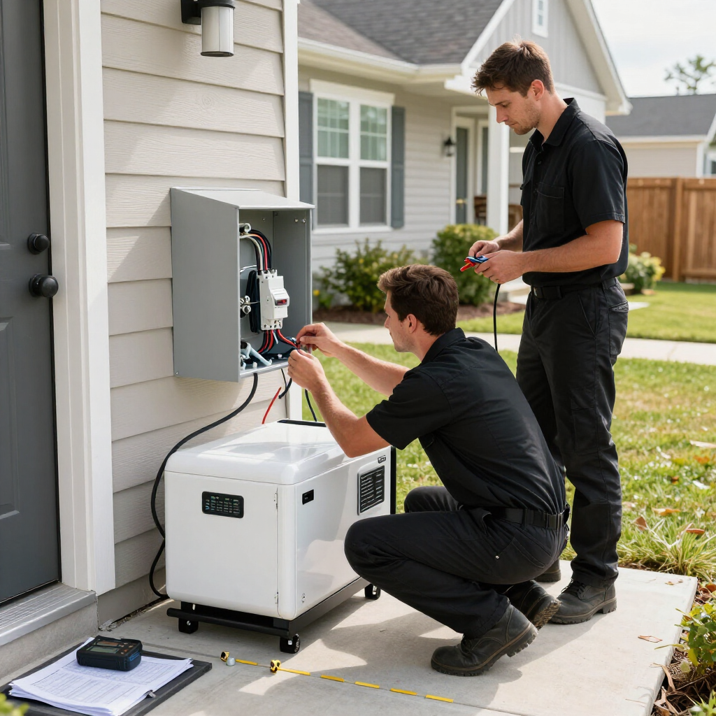 Technicians inspecting a white backup generator beside a house