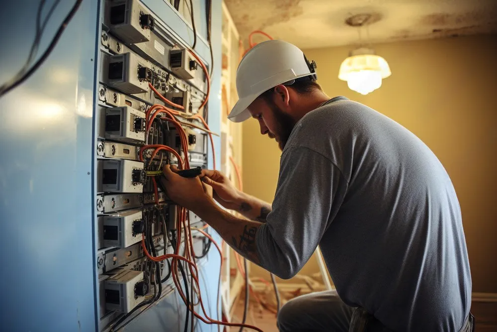 An electrician wearing a white hard hat works on wiring inside an open electrical panel.