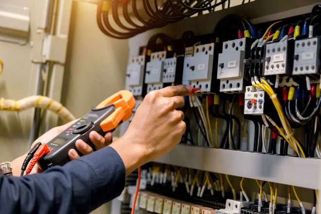 An electrician uses a clamp meter to test electrical components inside a control panel with complex wiring.