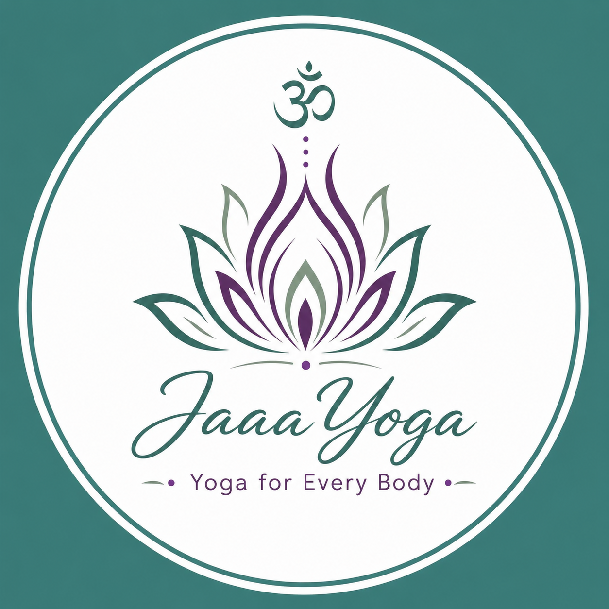 Het JaaYoga-logo met een turquoise en paarse lotusbloem, het Om-symbool en de tekst 