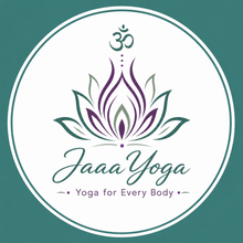 Het JaaYoga-logo met een turquoise en paarse lotusbloem, het Om-symbool en de tekst 