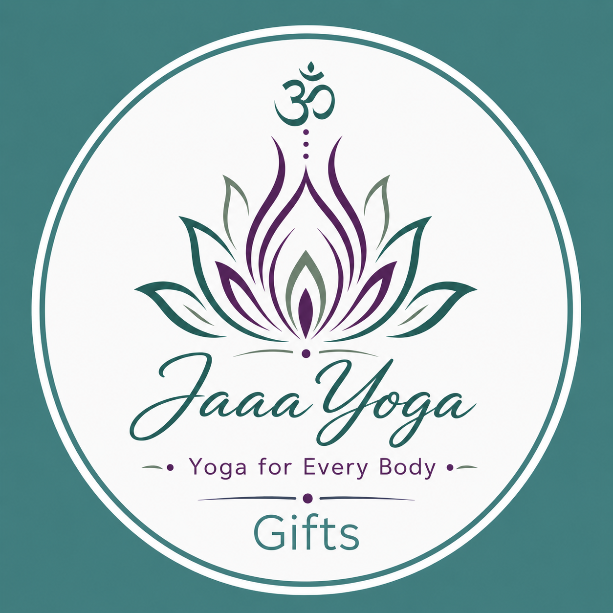 Logo voor JaaaYoga body & mind Gifts in turquoise en paars op een witte cirkelvormige achtergrond.