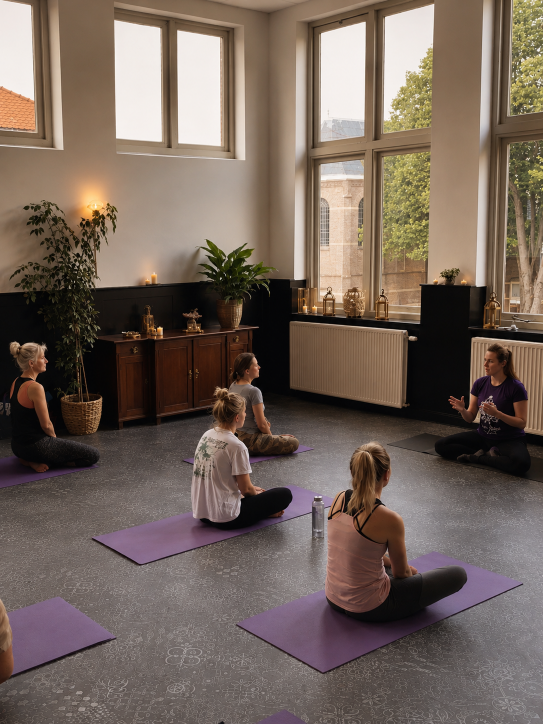 Yogales met zittende meditatie op paarse matten in een lichte studio.