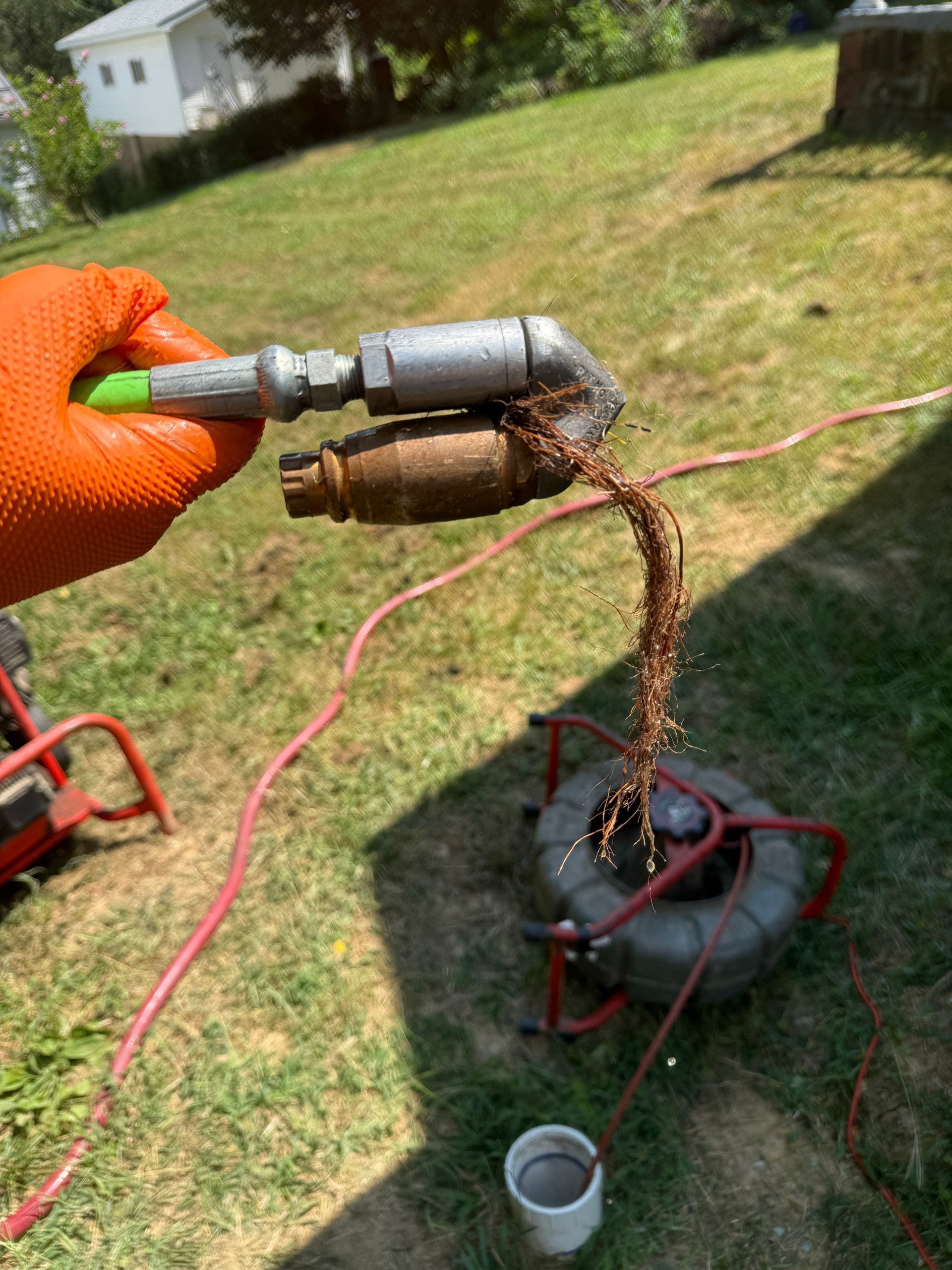 A person is using a hose to clean a drain.