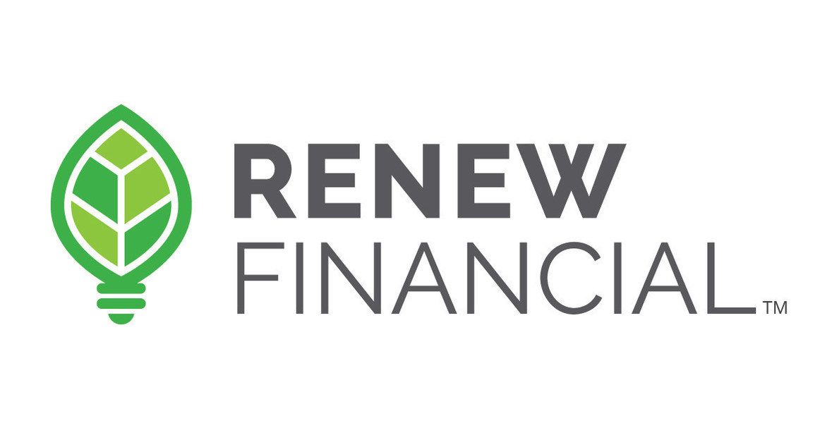 The logo for renew financial shows a light bulb with a leaf on it.