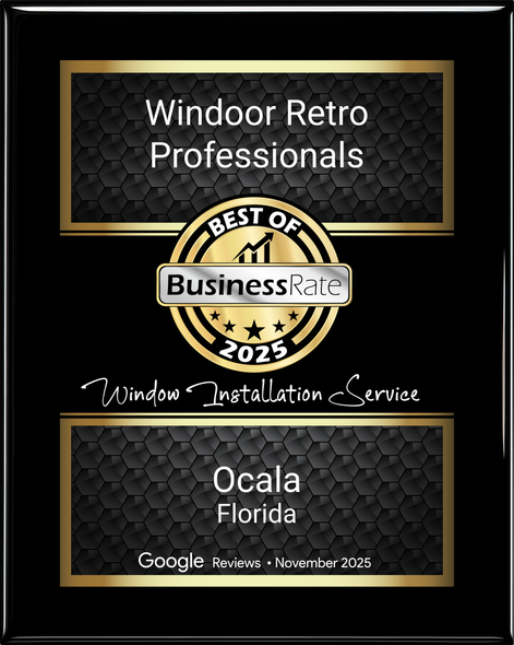 An award plaque for Windoor Retro Professionals, recognized as the best window installation service in Ocala, Florida, 2025.