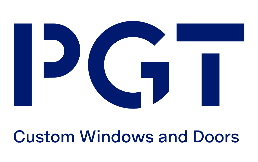 The logo for pgt custom windows and doors is blue and white.