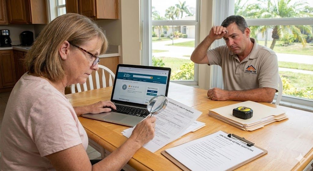 Woman looking at laptop, contractor with hand on head, papers on table.