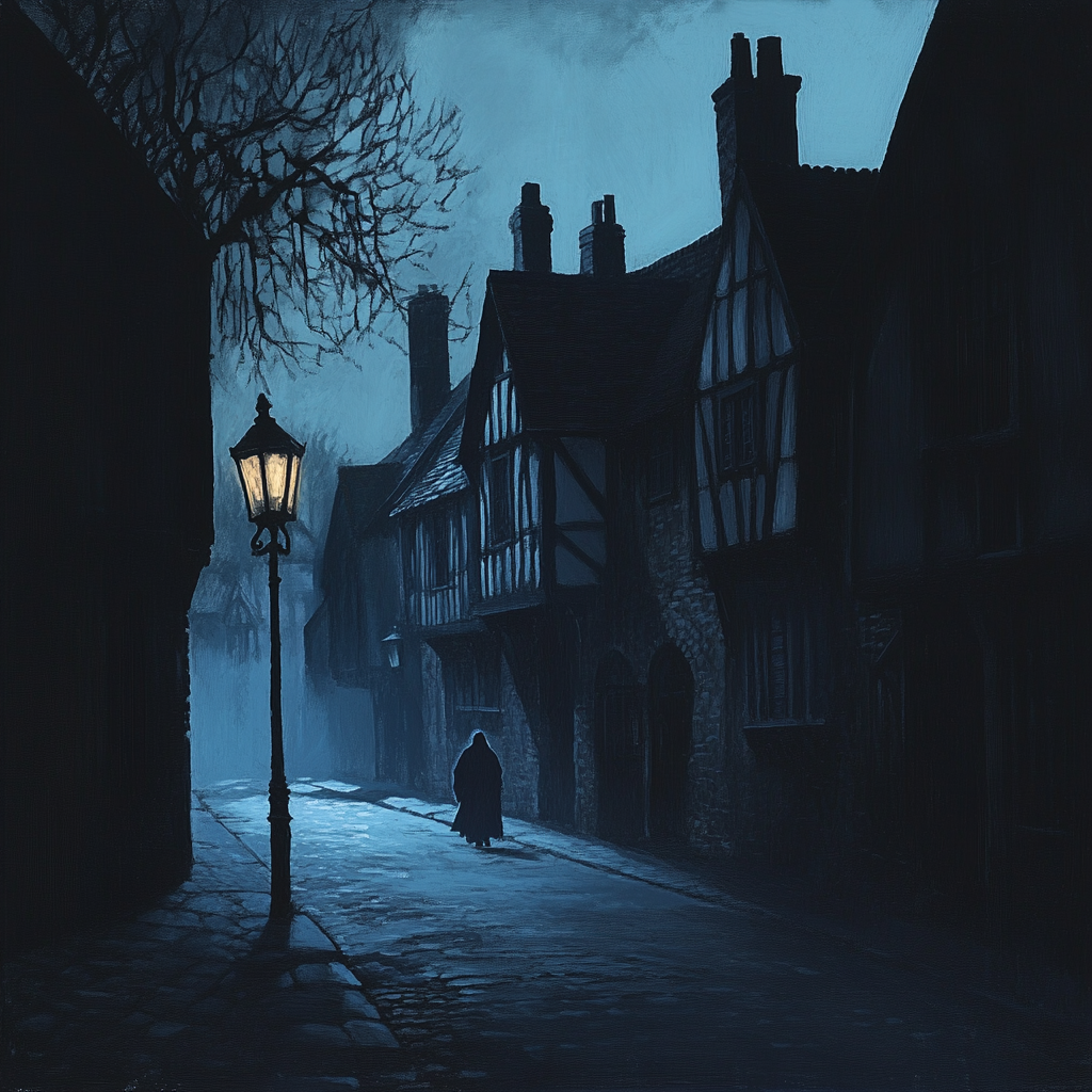 A ghost is walking down a dark street in york at night