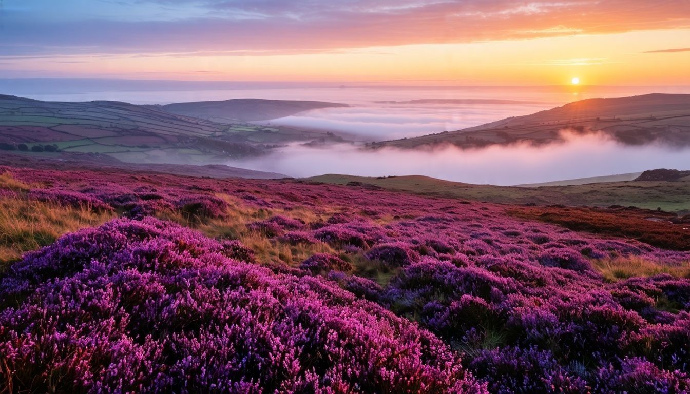 A misty sunrise over heather moorland in North York Moors.