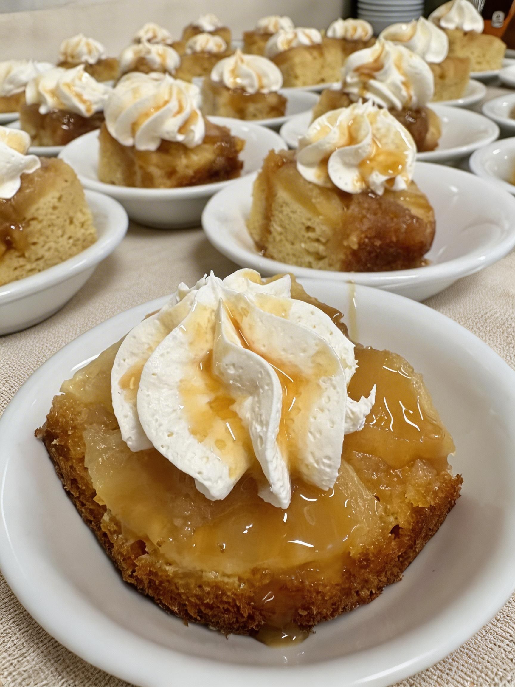 Individual pineapple upside-down cakes topped with whipped cream and caramel sauce, served in small white bowls.