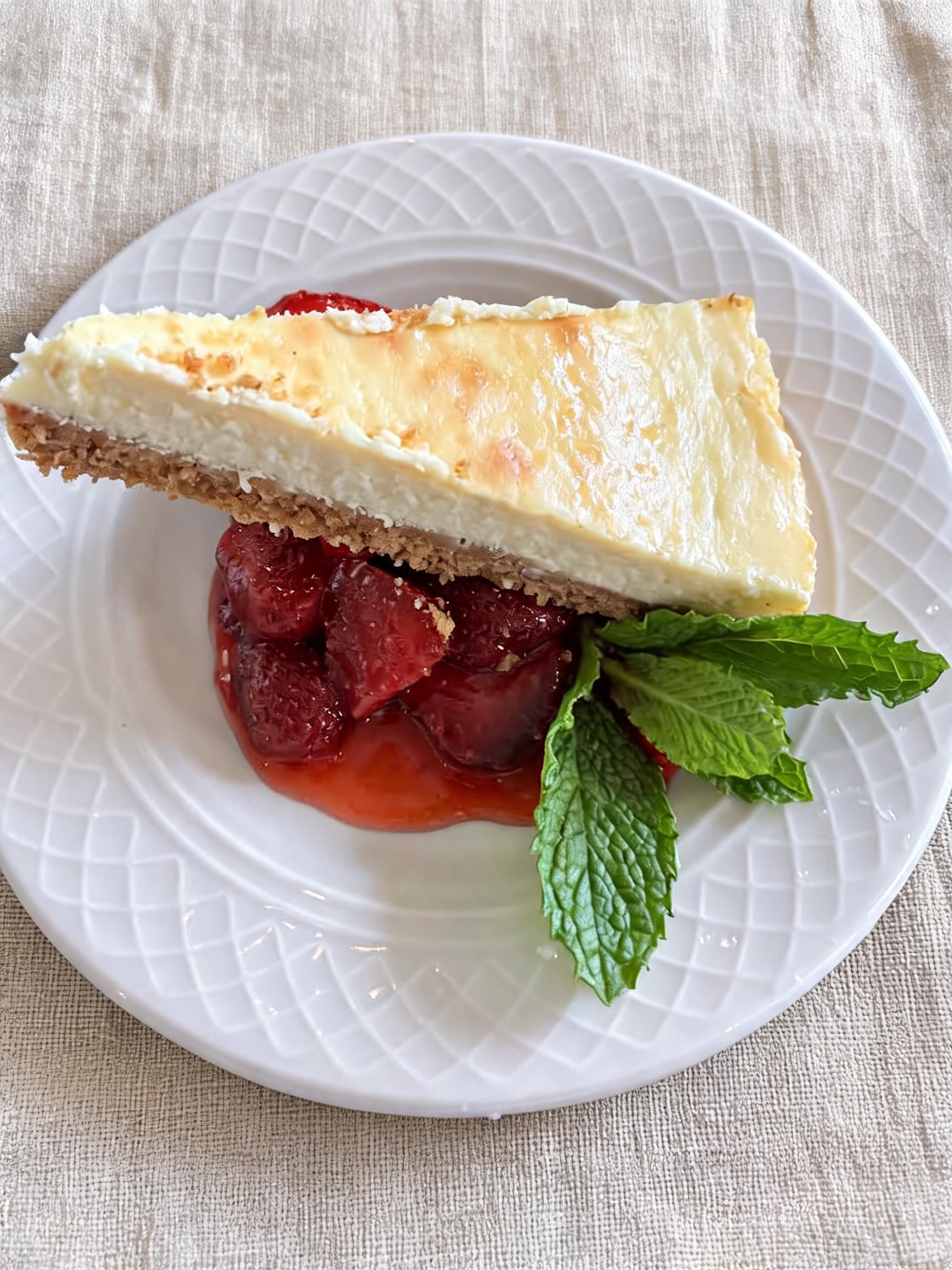 Slice of cheesecake with strawberry sauce and mint on a white plate