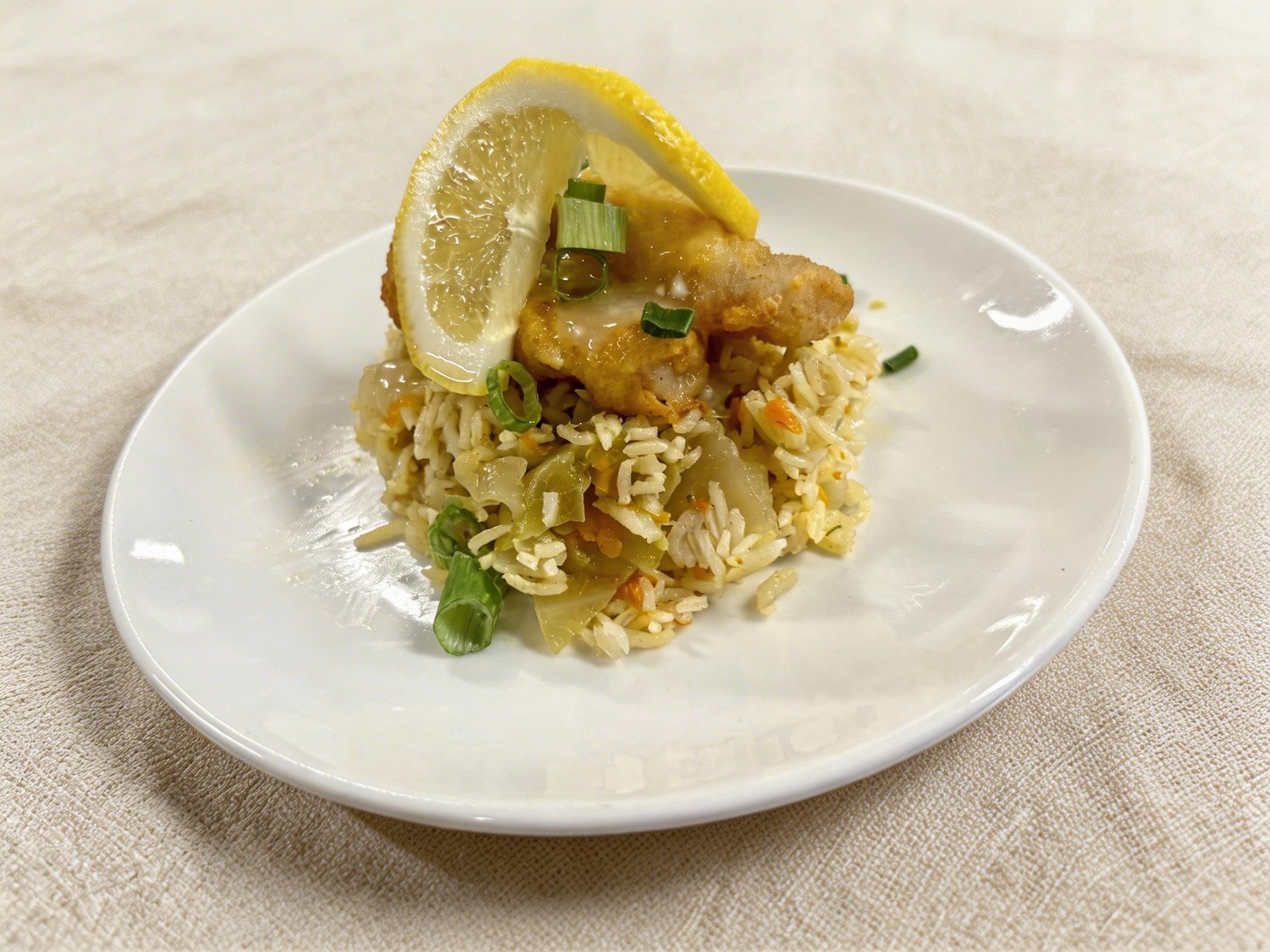 A small portion of fried fish served over seasoned rice, garnished with a lemon slice and green onions on a white plate.