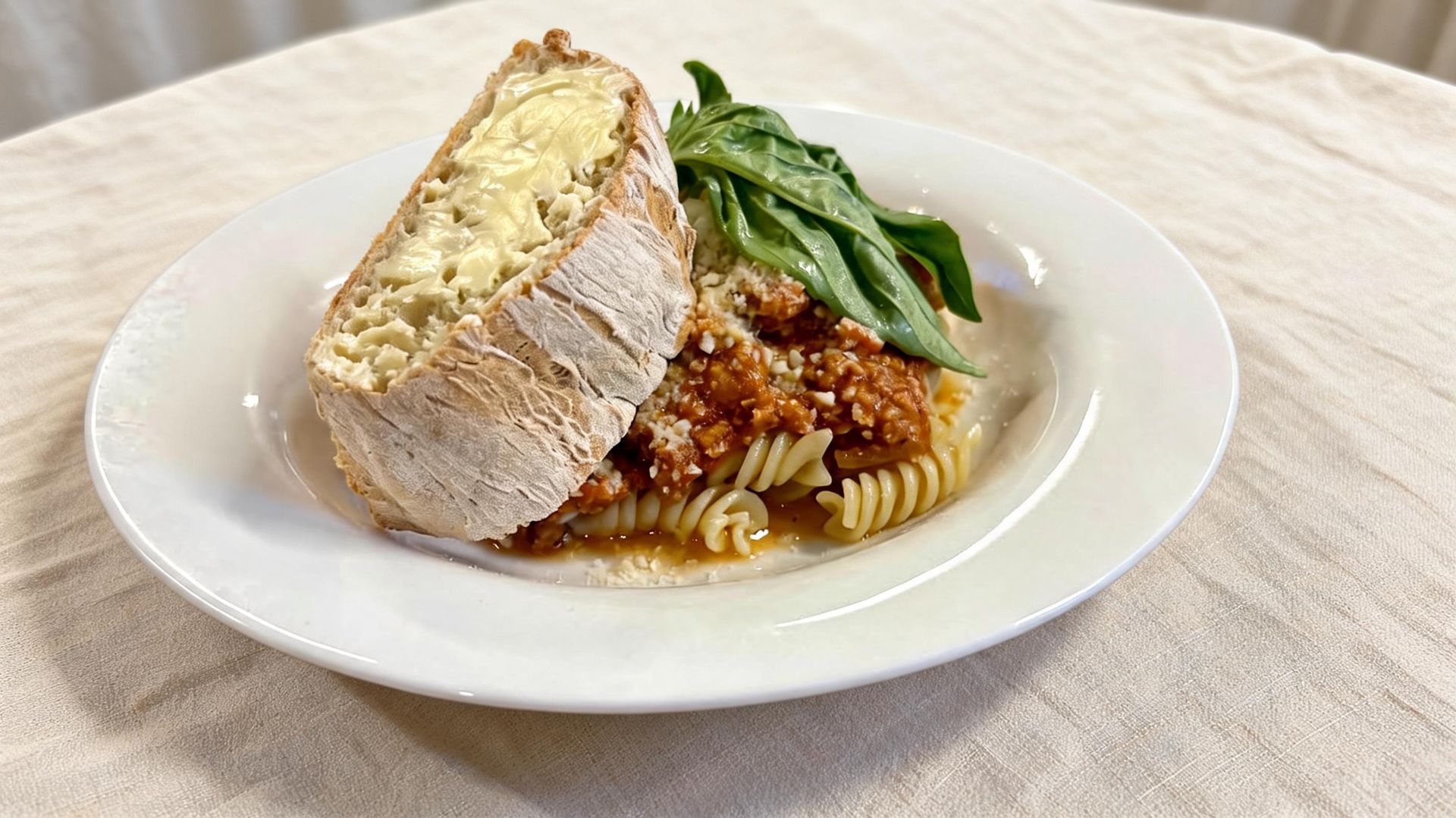 Sour dough bread with butter with pasta, tomato sauce, and basil on a white dish