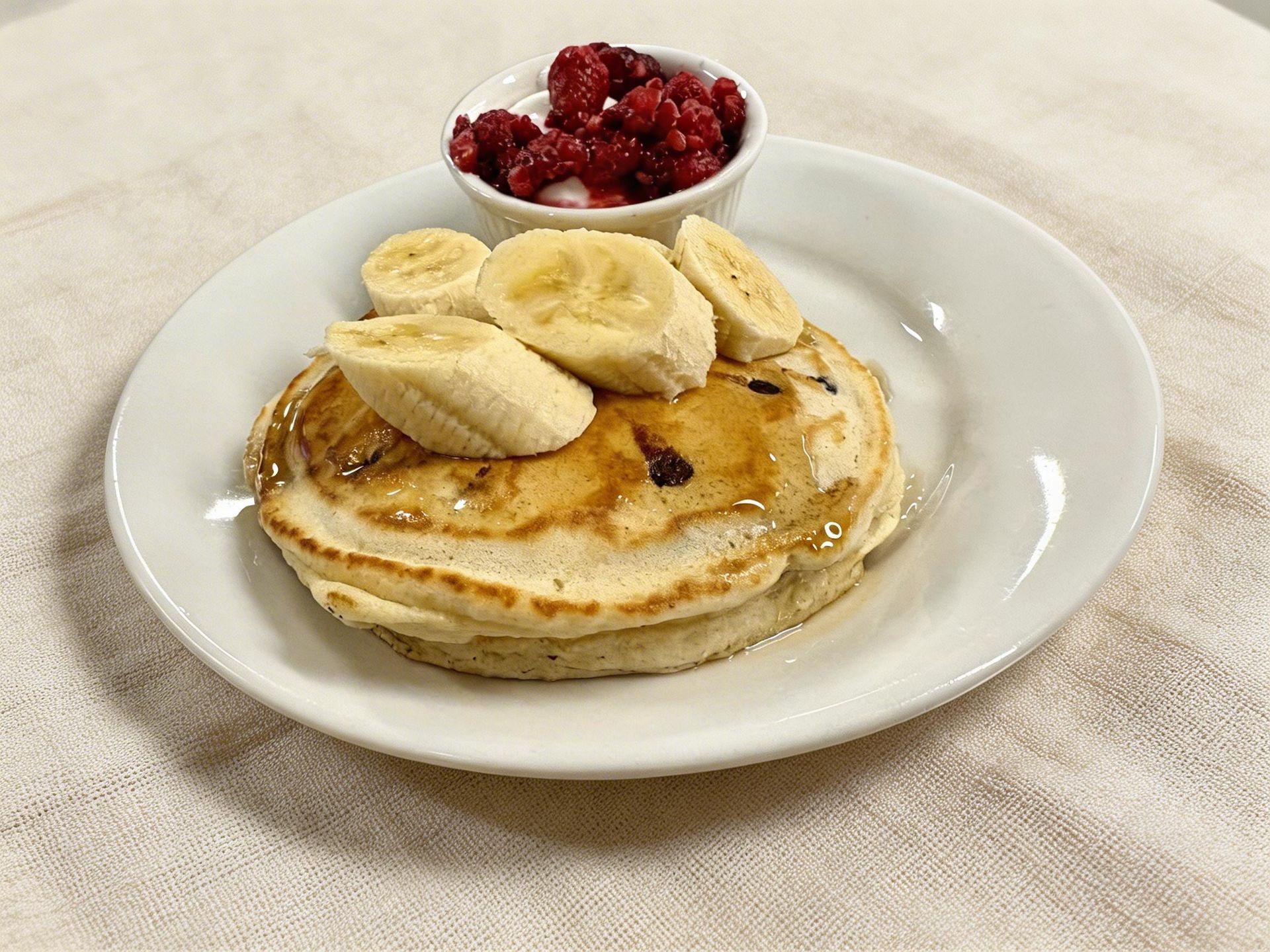 A stack of pancakes topped with sliced bananas and drizzled with syrup, served with a small bowl of raspberries.