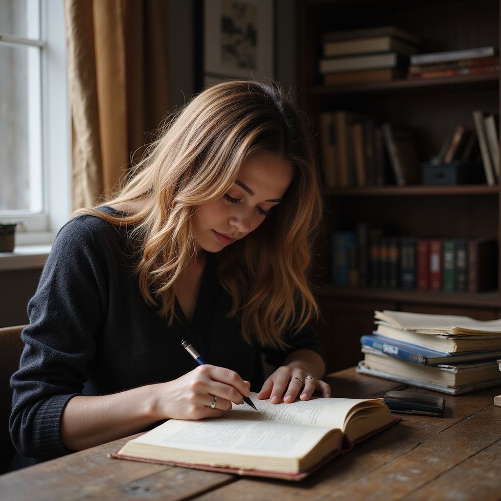 Woman writing in a book at a wooden desk near a window and bookshelf.