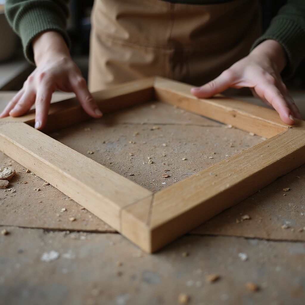 Hands holding a square wooden frame on a work surface covered in sawdust.