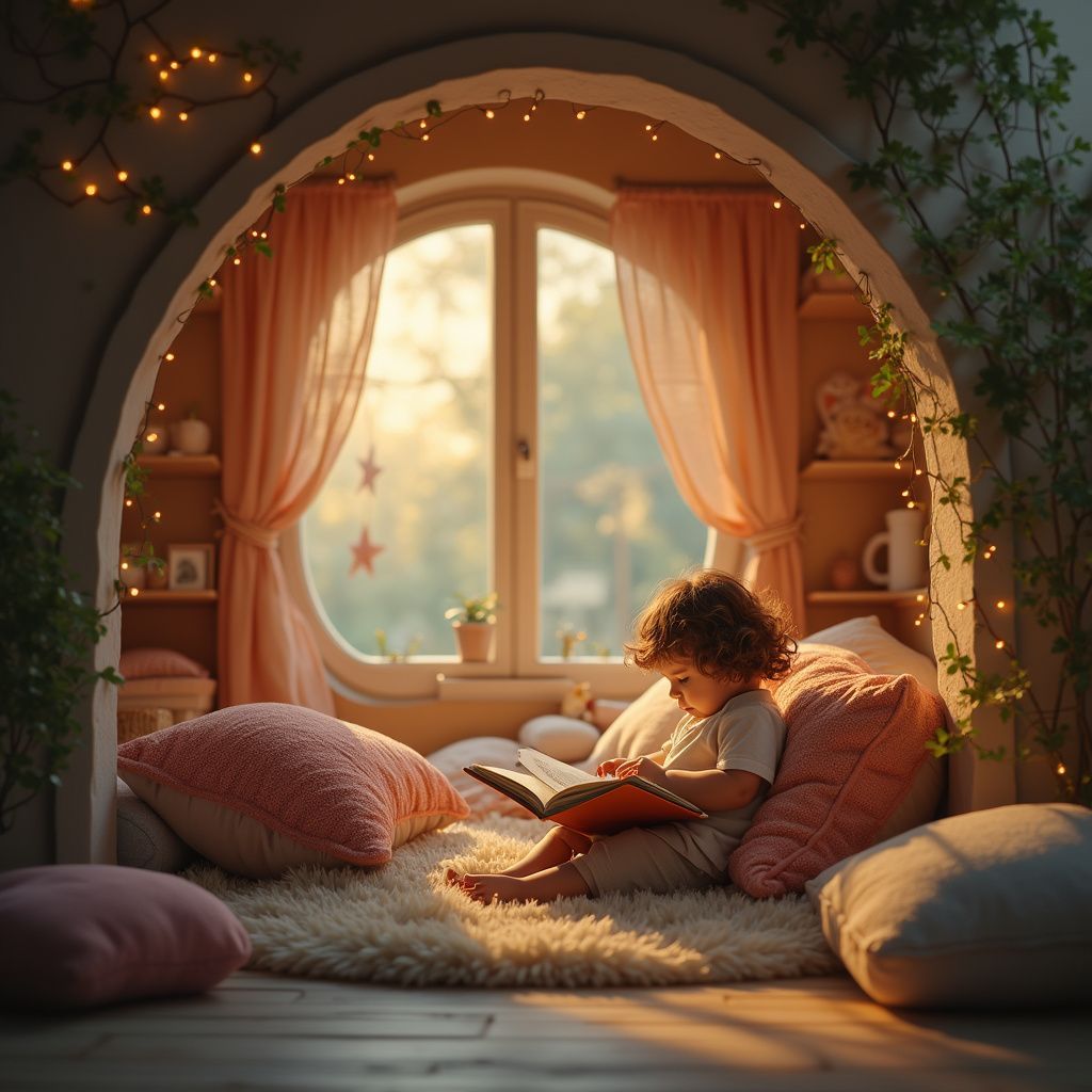 Child reading a book in a cozy nook with pillows, curtains, and a window with sunlight.