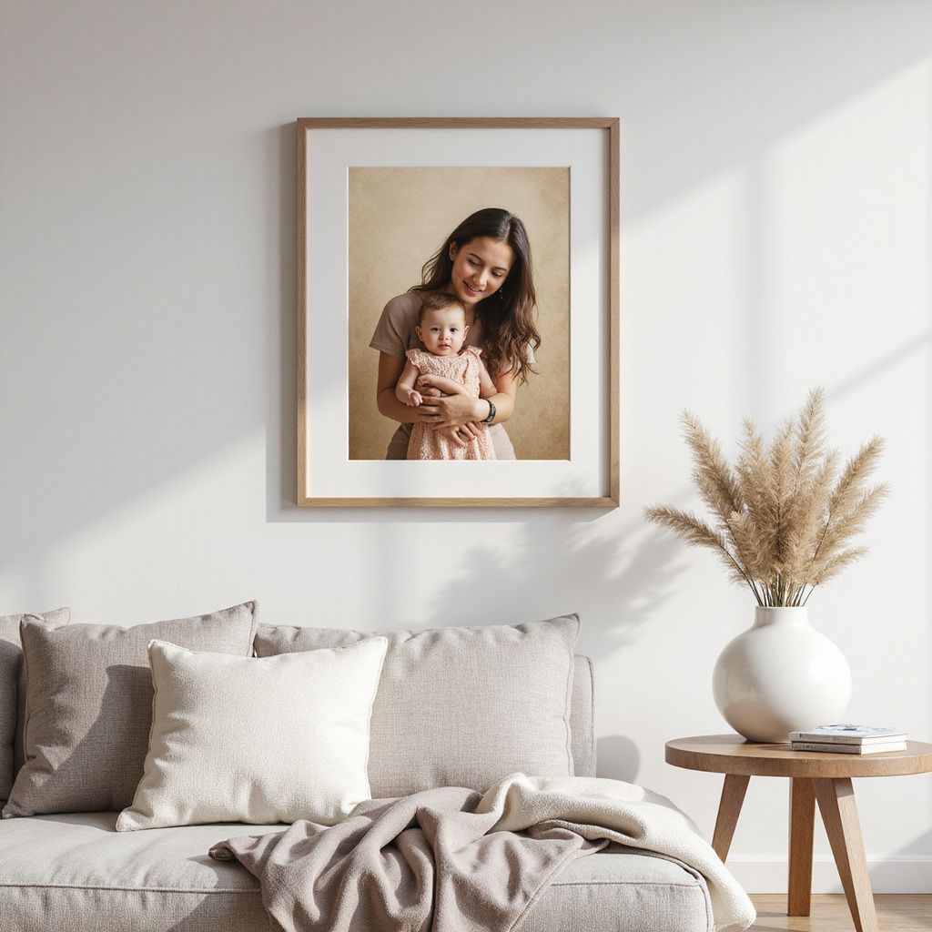 Framed portrait of a woman and baby on a wall above a couch. Beige setting, soft sunlight.