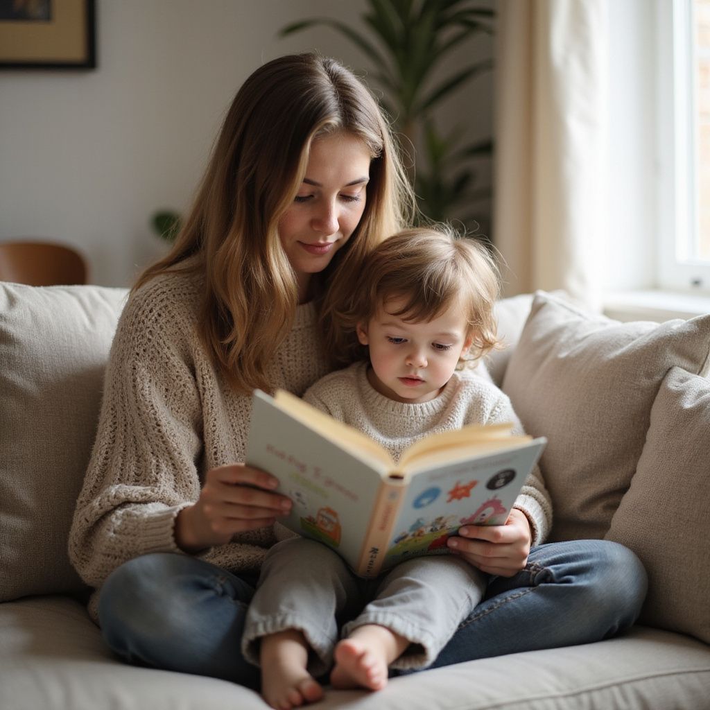 Woman and child reading a book together on a couch; indoor setting.