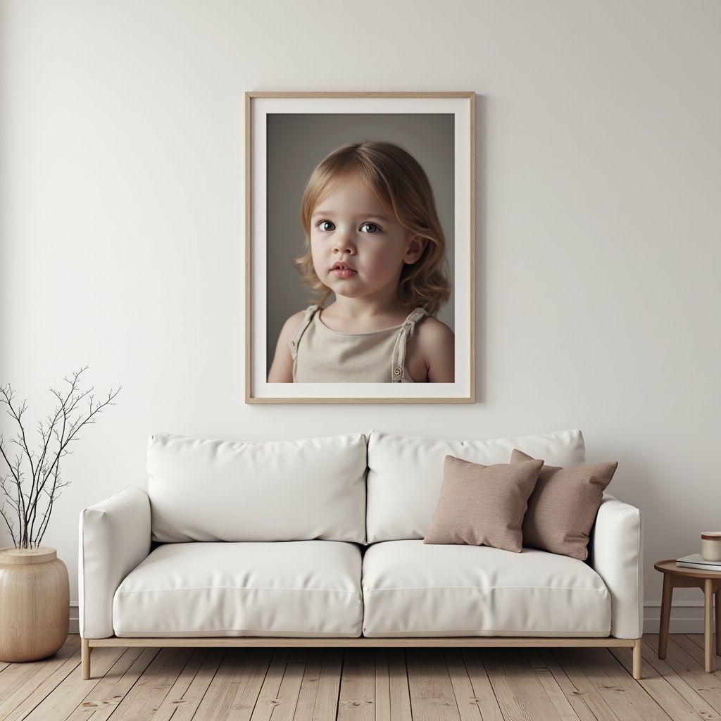 Portrait of a child in a neutral-toned framed print above a cream-colored sofa with pillows against a plain white wall.