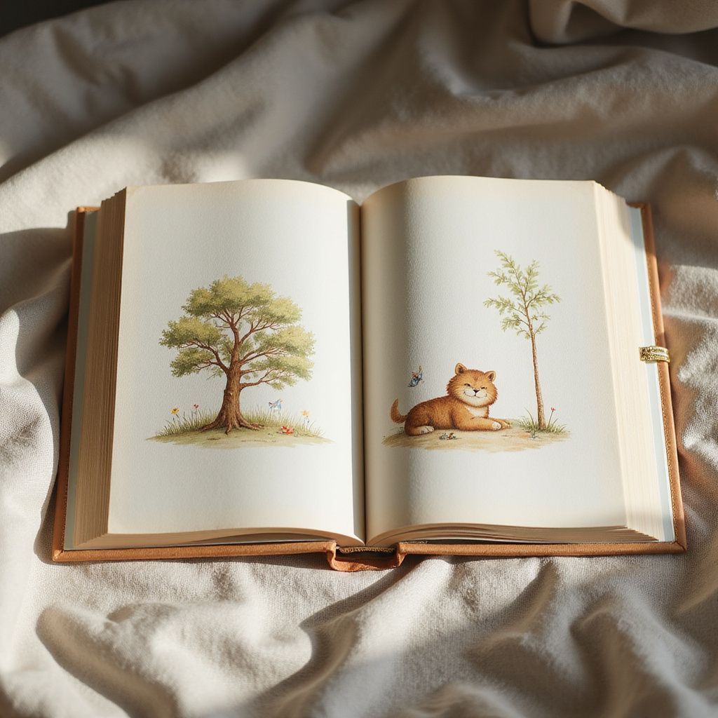 An open book with watercolor illustrations: a tree and a resting cat. Brown book on a white cloth.