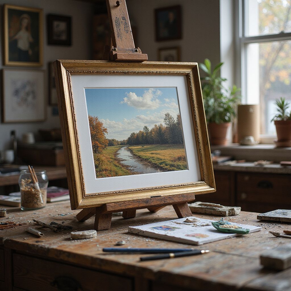 An art studio with an easel displaying a framed landscape painting.