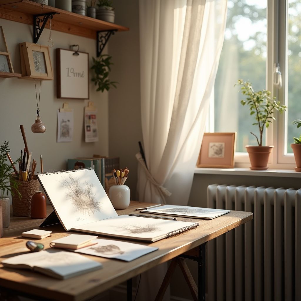 Cozy art studio with wooden desk, sketchbooks, plants, and a window with sheer curtains. Natural light floods the space.