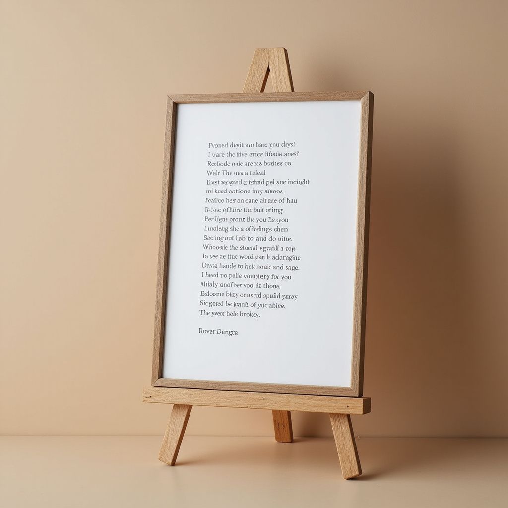 Framed poem on a wooden easel, against a beige background.