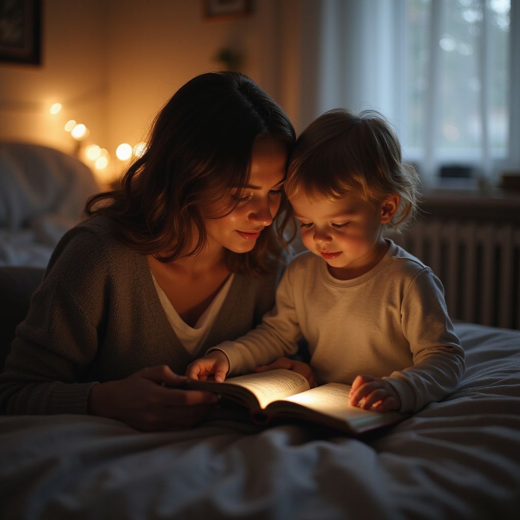 Mother and child reading a book together in a warmly lit bedroom.