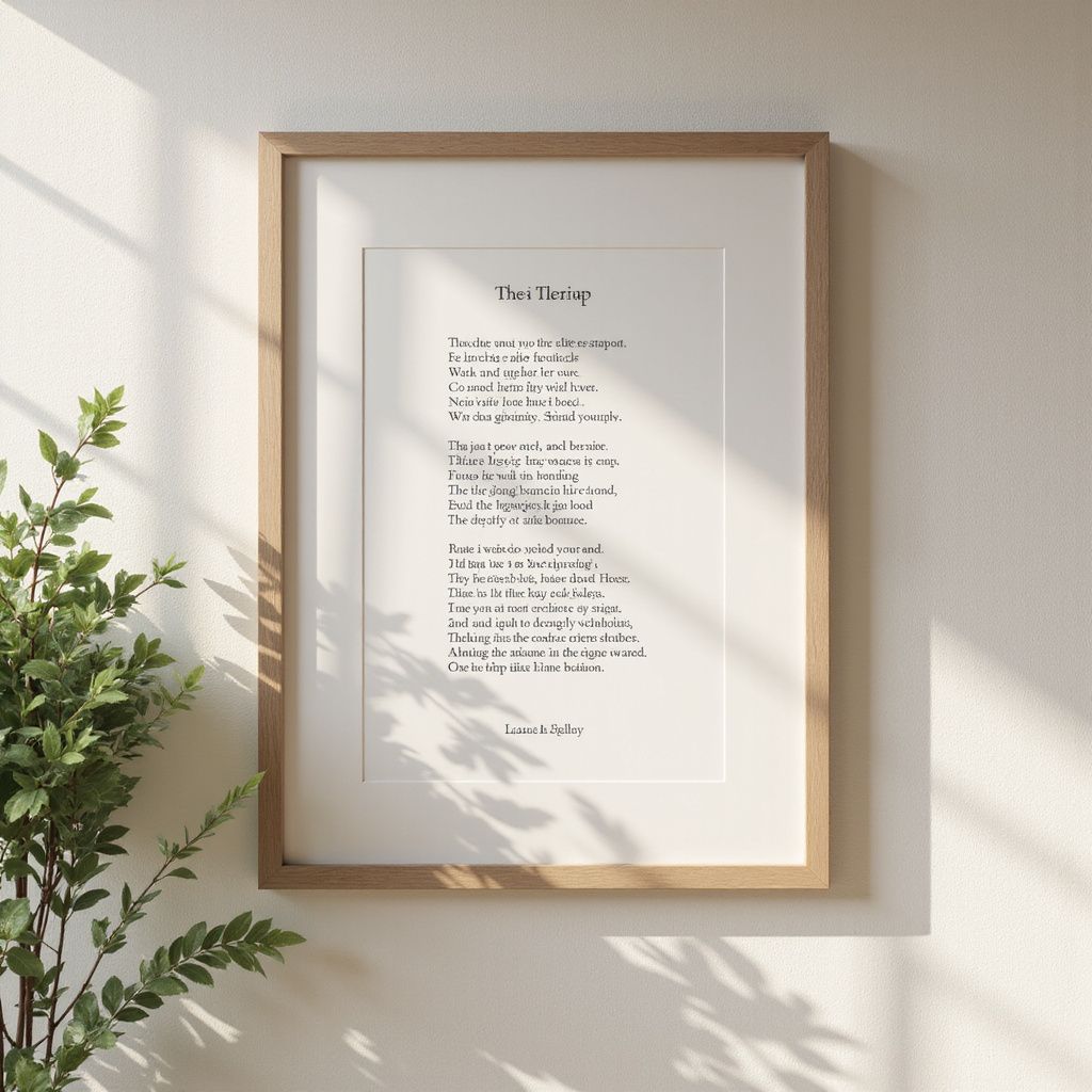 Framed poem print on a wall, next to green plant. Natural lighting.