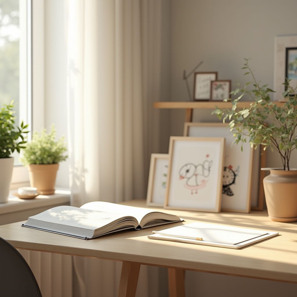 Desk with an open book, potted plants, and framed artwork near a window with sunlight.
