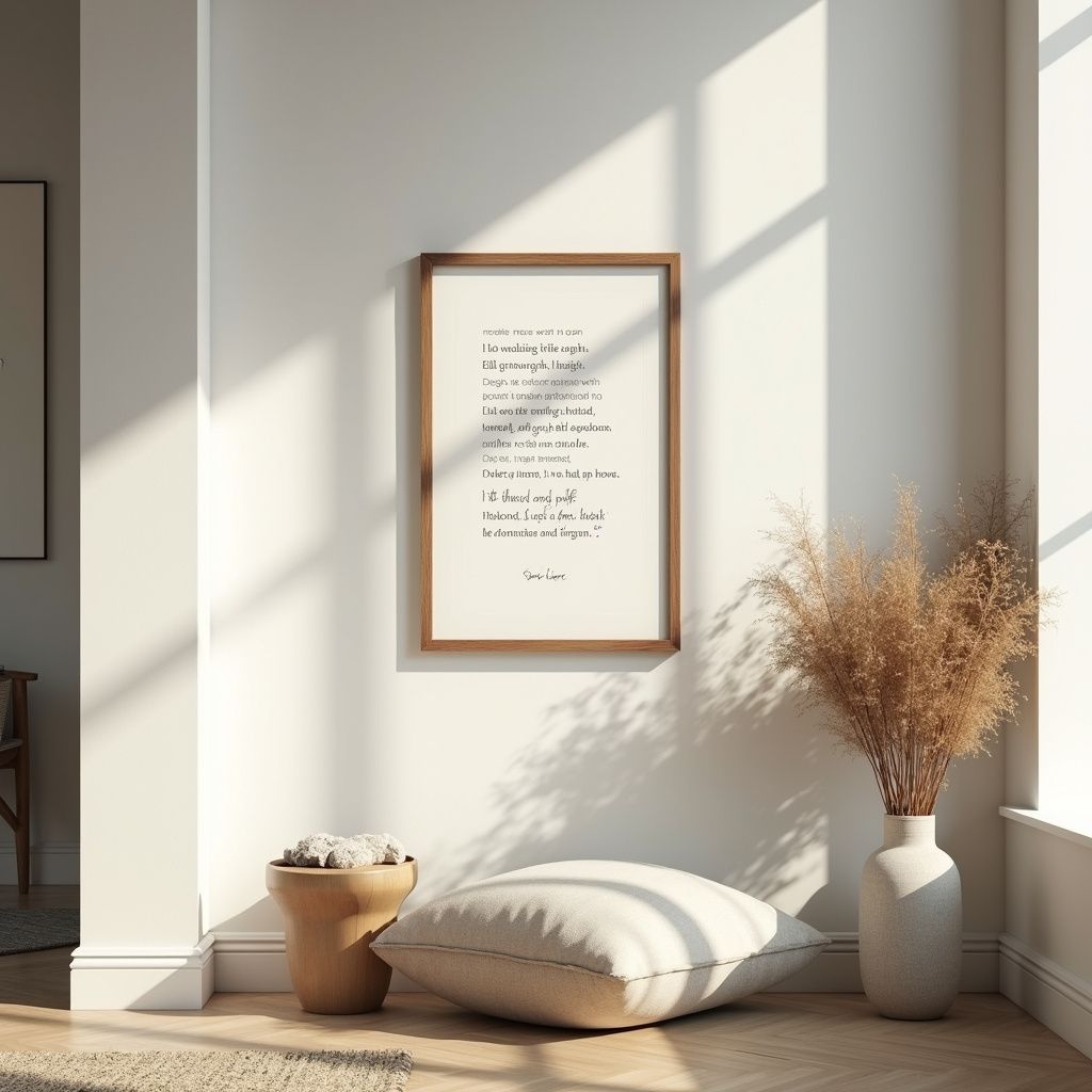Interior with framed poem, floor cushions, vase with dried plants, and natural light.