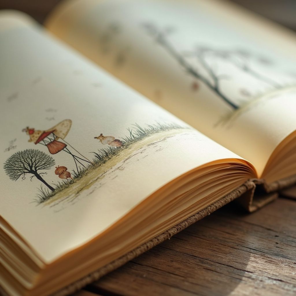 Open book with whimsical illustrations of trees, a mushroom house, and a fox, on aged, tan pages.